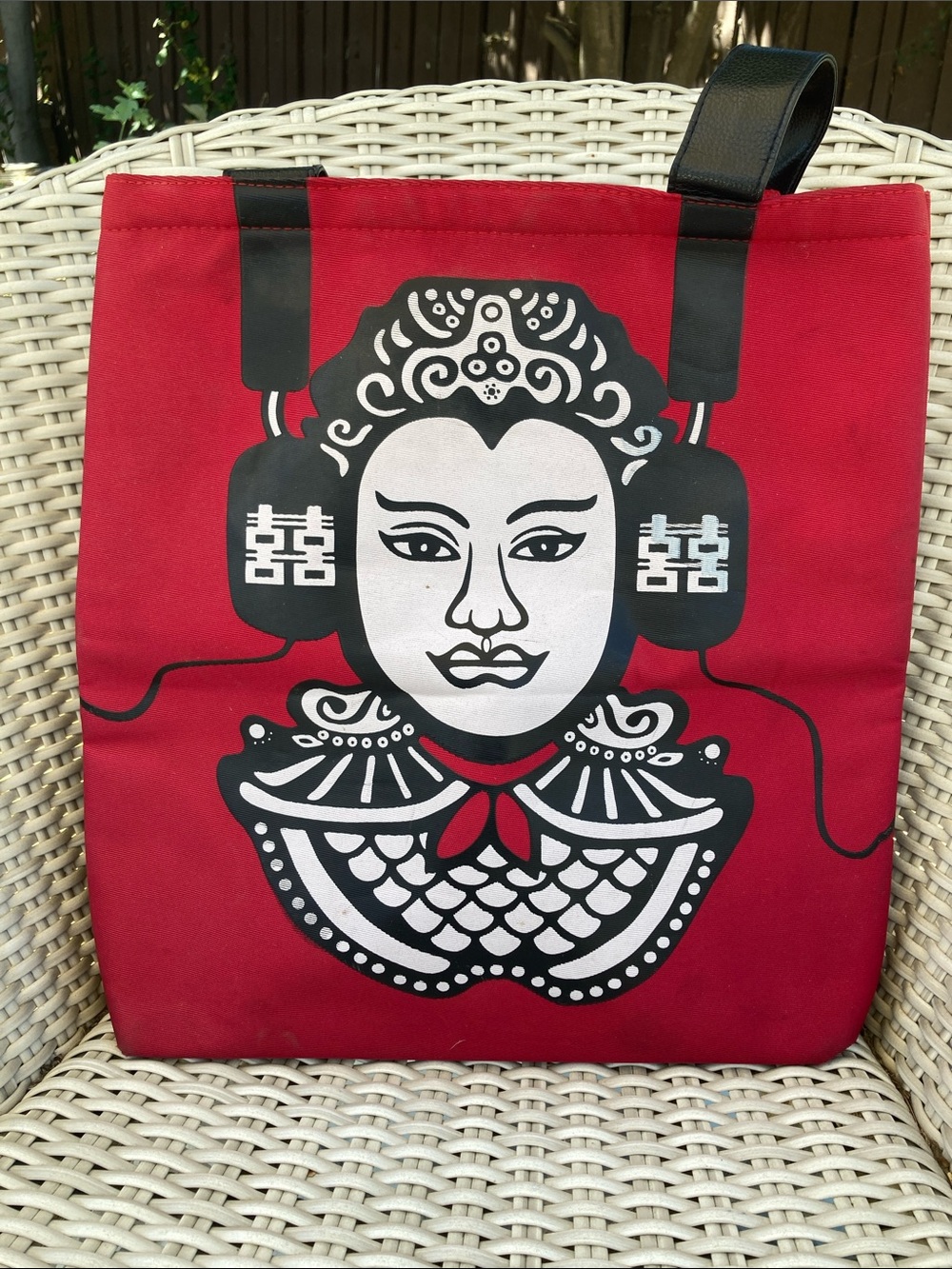 Red Graphic Messenger Tote with Black & White Opera Motif